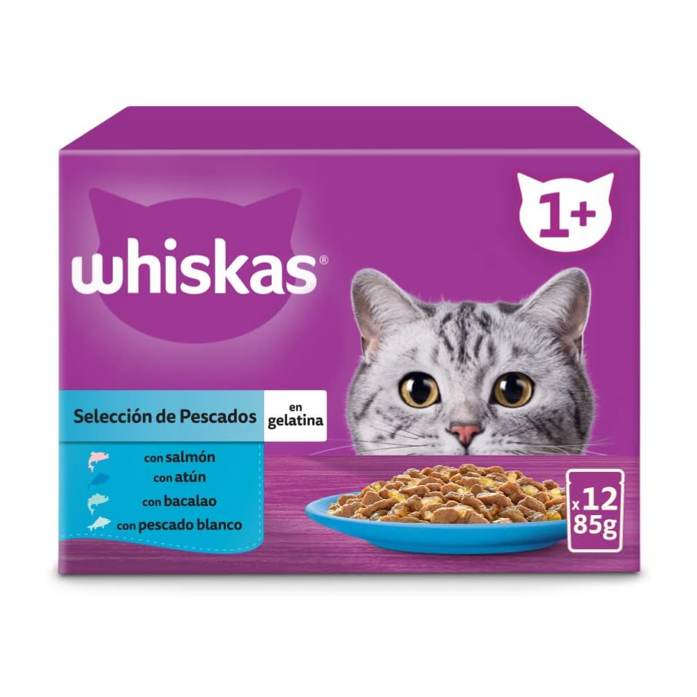 Whiskas Multipack Comida húmeda en Gelatina para Gatos Selección de Pescado